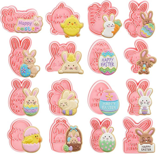 Jspupifip 16 Pcs Easter Cookie Cutters with Plunger Stamper,Happy Easter Mini 3D Cookie Stamper for Baking Bunny,Chick,Egg Fondant Cookies