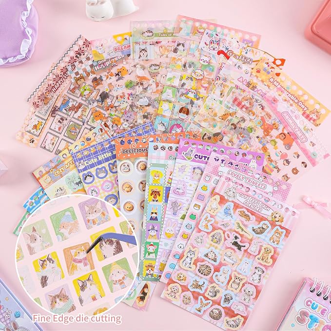Girl's Cute Sticker Book, Cartoon Cat Theme - 700+ Cute Animal Style Foodie Stickers, for DIY Scrapbooking Journaling Handbook Decoration