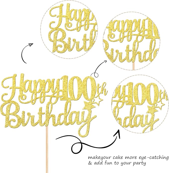1 PCS Happy 100th Birthday Cake Topper - Gold Glitter Cheers to 100 Years - Fabulous Cake Decoration for 100th Birthday Theme Party