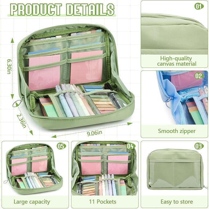 Jutom 39 Pcs Aesthetic Book Annotation Kit Highlighter with Case Bag Gel Pen Transparent Sticky Note Taking Bible Supplies(Green,Kawaii Style)