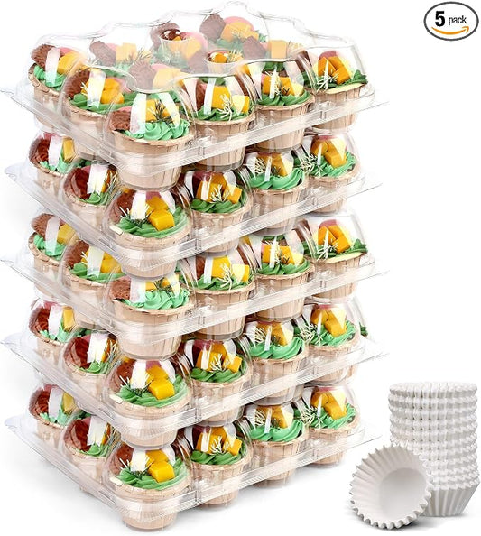 LotFancy (12 Count x 5 Sets) Cupcake Containers with 60 Liners, Plastic Stackable Cupcake Boxes, Disposable Muffin Holder with Detachable Tall Dome Lid, BPA Free, Clear Cupcake Carrier, Standard Size