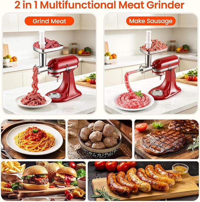 KINGEAGLE Stainless Steel Food Grinder Attachment for KitchenAid Stand Mixer, Durable Meat Grinder, Includes 3 Grinding Plates, 3 Sausage Stuffer Tubes, 2 Grinding Blades, Dishwasher Safe