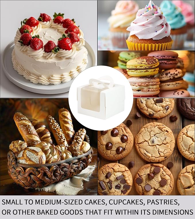 40Pcs 5×5×4 Inches Mini Cake Boxes-Solid White with Carry Handles and Cake Board-Suitable for Cakes up to 4 Inch,Cake Container,Pastries,Bakery Treats-Perfect for Celebrations and Gifts