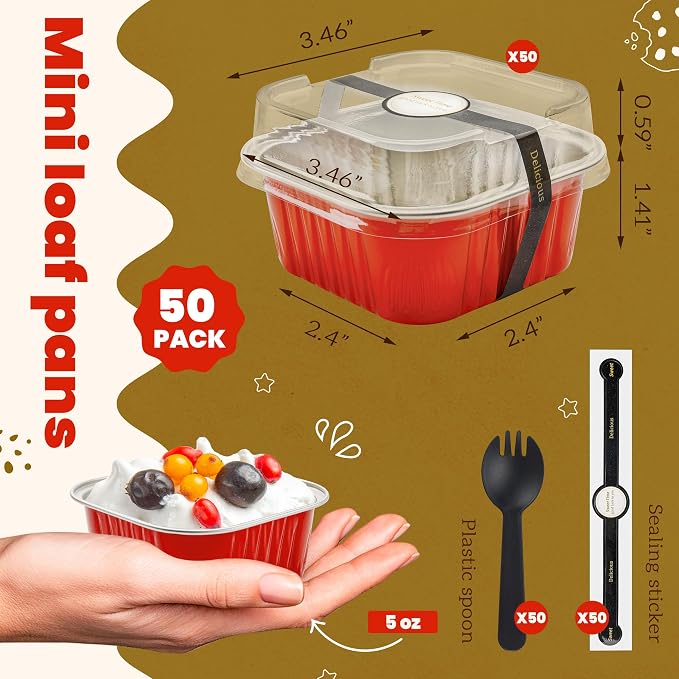 NPLUX 50 Pcs Mini Square Baking Cups with Lids and Spoons Aluminum Foil Mini Cake Pans Disposable Ramekins Dessert Cups for Wedding Birthday Party, Graduation Gifts Party Favors(Red,5oz)