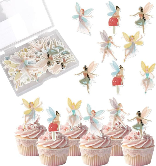 Rsstarxi 56 Pack Fairy Theme Edible Cupcake Toppers Rice Paper Flower Fairy Cupcake Picks for Baby Shower Wedding Kids Girls Birthday Party Cake Decorations Supplies