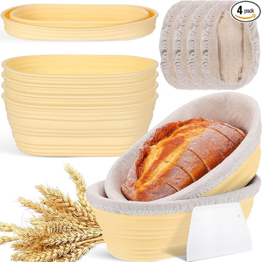 Nuogo 4 Pack Oval Bread Proofing Basket Silicone 10 Inch Collapsible Sourdough Bread Baking Supplies Dough Proofing Bowl with 4 Pcs Dough Scraper and 4 Pcs Basket Covers(Yellow)