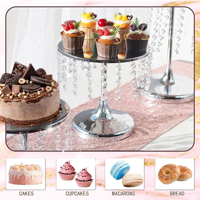 Metal Mirror Cake Stand Set with Crystal Pendants - Elegant Dessert Table Display for Weddings, Birthday Parties, Baby Showers, Events - Sturdy Crystal Bling Cupcake Stands for Pastries, Sweets, Decorations (Silver, Set of 3)