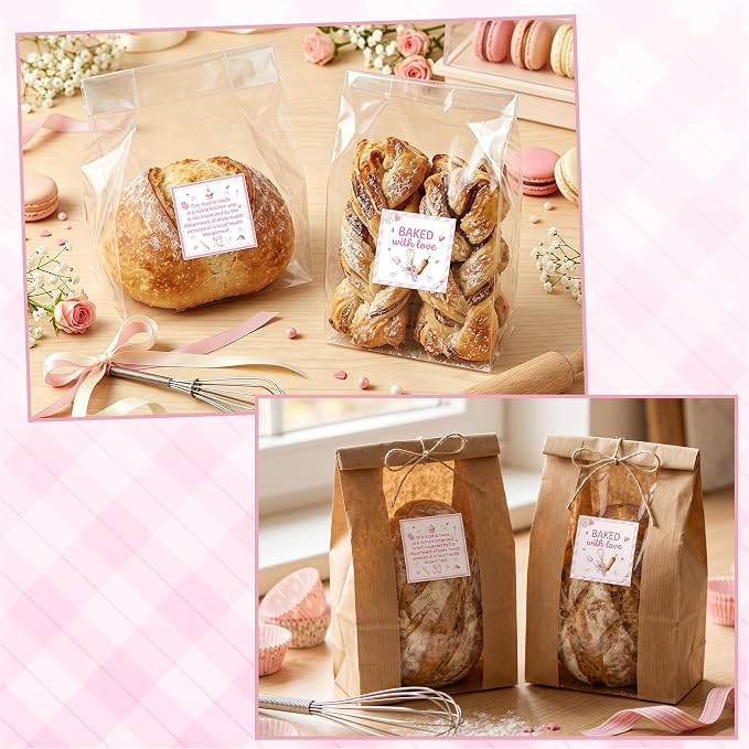 PANTIDE Cottage Food Law Labels Stickers - 1000 Count Baked with Love Adhesive Square Decal, Made in A Home Kitchen Inspection Statement for Bakery Small Business Packaging (1.5 x 1.5 Inch, Pink)