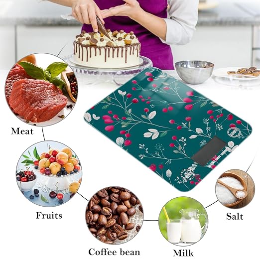 Food Scale Kitchen Scale for Baking Cooking Digital Food Weighing Measuring Scale Small Waterproof Electric Food Scale Teal Winter Berries and Snowflakes