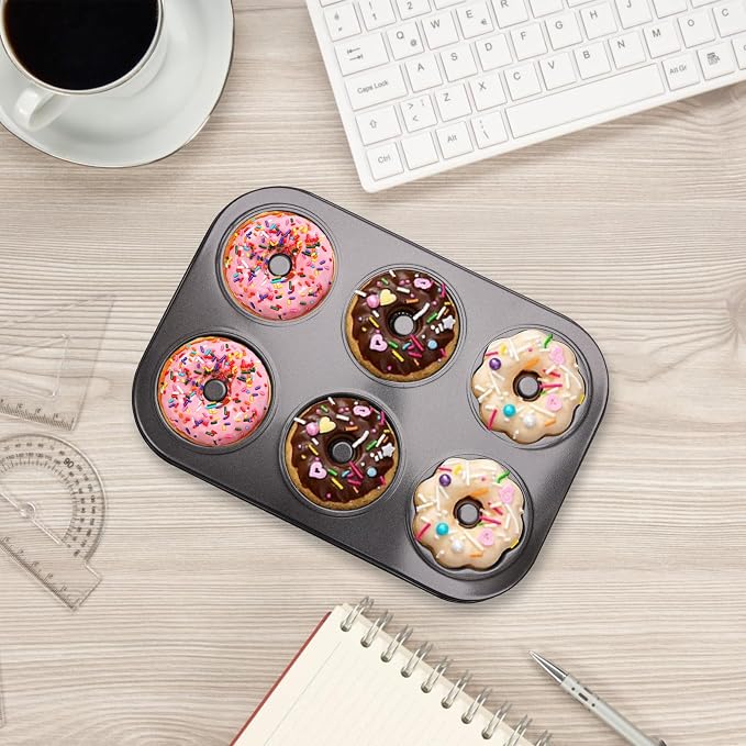 2 Pack Donut Pans, Carbon Steel Donut Pan for Baking with 6 Holes Non-Stick Stackable 10.35" x 7.28" Doughnut Pans Oven Safe Donut Molds for Bagels, Mini Cakes and Muffins