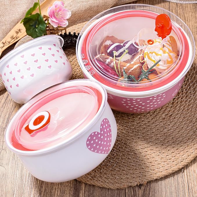 Pink Heart Ceramic Nesting Food Storage Bowls with Lids, Set of 3, Cute Mixing Bowls for Meal Prep, Serving, and Storage, Microwave & Dishwasher Safe