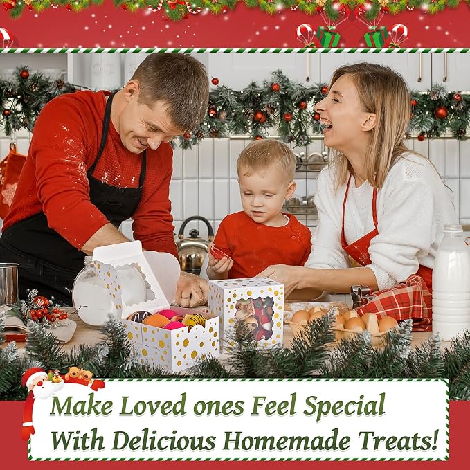 32Pcs 4x4x2.5 in Christmas Cookie Boxes with Window, White Bakery Boxes for Cookie, Treat Boxes Pastry Boxes for Gift Giving, Chocolate Covered Strawberries, Dessert, Donut, Cupcakes Muffins