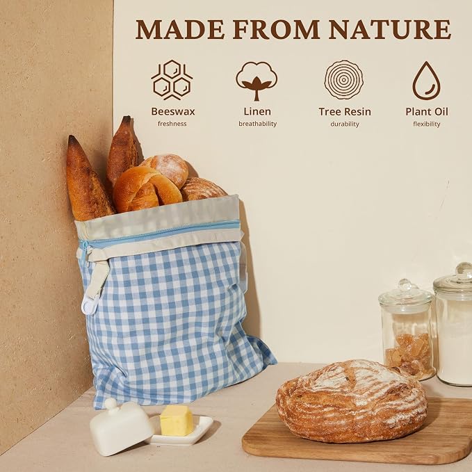 BRONYPRO Reusable Beeswax and Linen Bread Bags with Zipper, 2-Pack Waxed Bread Bags for Homemade Bread & Sourdough, Sustainable Loaf Storage to Lock in Freshness, Large 17x12.6in, Blue Gingham
