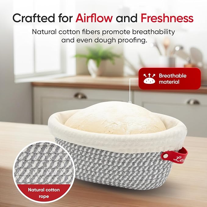 Levainé 2 Pack Cotton Rope Banneton Bread Proofing Basket Set, Round & Oval Sourdough Proofing Baskets with Liners and Covers, Washable Bread Baking Supplies for Homemade Artisan Bread