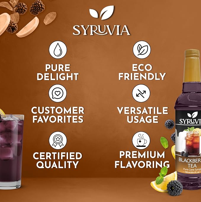 Syruvia Blackberry Tea Syrup, Flavored Syrup for Teas, Drinks, Lemonades, Iced Teas, and Desserts – 25.4 fl oz - with Pump