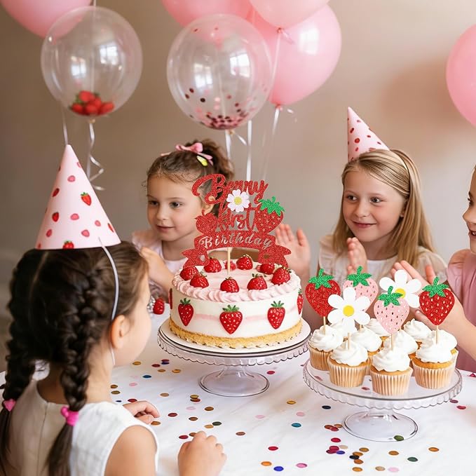 25Pcs Berry First Birthday Cake Topper Glitter Red Strawberry Cupcake Toppers White Flowers Cupcake Picks for Strawberry Baby Shower Boys Girls Birthday Party Cake Decorations