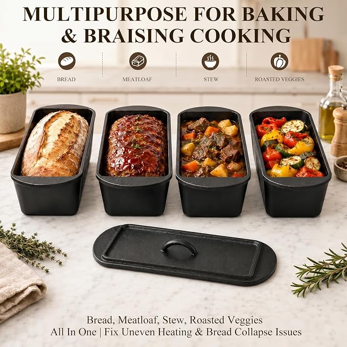 Cast Iron Dutch Oven Bread Loaf Pan with Lid, 14 x 5.5 Inch 3.2QT Pre-Seasoned Pan for Sourdough Baking, Includes Baking Supplies for Homemade Artisan Bread, Heavy Duty with Even Heat Distribution