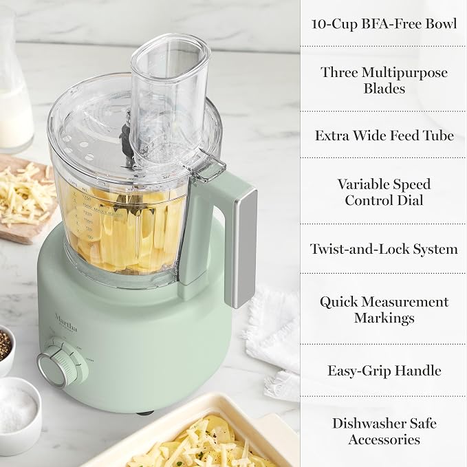 Martha Stewart Food Processor, 10-Cup Electric Chopper for Slicing, Shredding, Mincing and Puree, BPA-Free Twist & Lock Bowl, 3 Multipurpose Blades, Variable Speed Dial, Wide Feed Chute, Honeydew