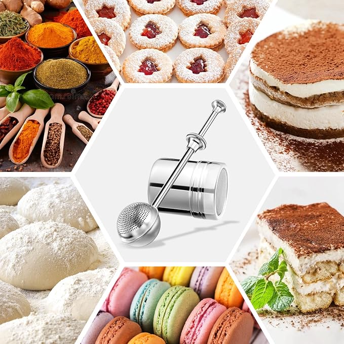 4 Pack Powdered Sugar Shaker Duster, Stainless Steel Cinnamon Sugar Shaker & Flour Duster Set, Spring Flour Sifter for Sugar Flour and Spices
