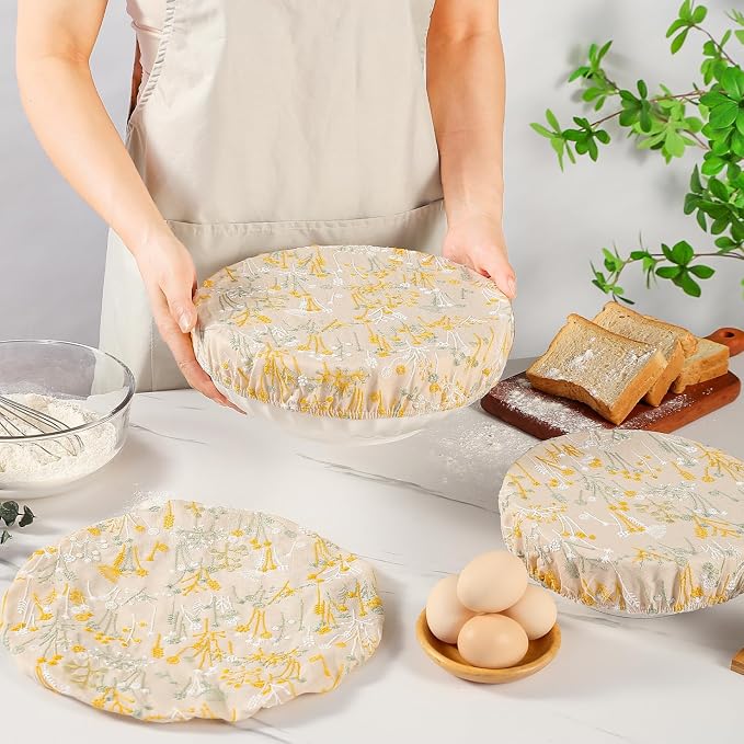 Reusable Bowl Covers for Bread Proofing Baking Embroidered Dandelion Linen Cotton Cloth Fabric Washable with Elastic Cover for Food Fruit Salad Eco-friendly (Beige Dandelion)