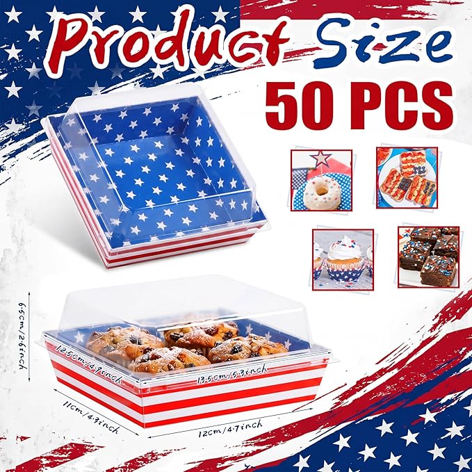Potchen 50 Pack Bakery Boxes with Clear Lids, Disposable Charcuterie Treat Boxes for Cookies, Donuts, Cupcakes, Candy and Mini Cakes, Party Favor for Wedding and Gift Giving(Independence Day Design)