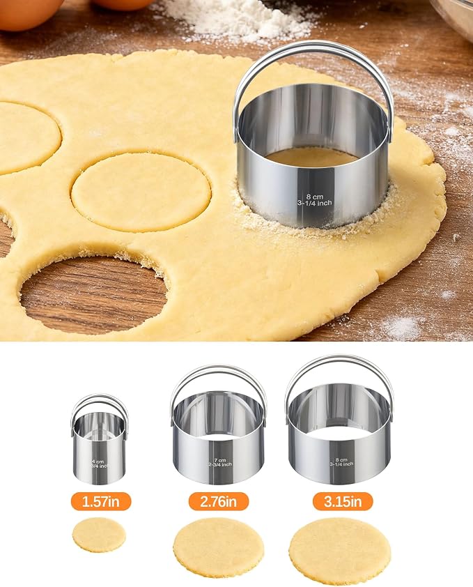 Biscuit Cutter Set with Handle, 3 Piece Stainless Steel Round Cookie Cutter Tool, Multi Size Circle Dough Donut Cutters for Baking Cakes, Biscuits, Pastry Dough