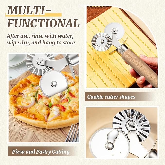 Pastry Cutter Double Wheel,Ravioli Crimper Cutter Wheel,with Exquisite Wooden Handle for Pasta Pizza Ravioli Cookie,Making Tools for Home and Kitchen Use