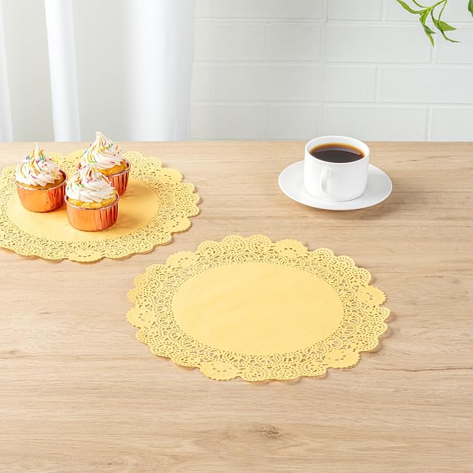 Pastry Tek 12 x 12 Inch Paper Lace Doilies, 100 Disposable Table Doilies - Elegant Lace Finish, Long Lasting, Orange Paper Doily, for Pastries, Cupcakes, Desserts - Restaurantware