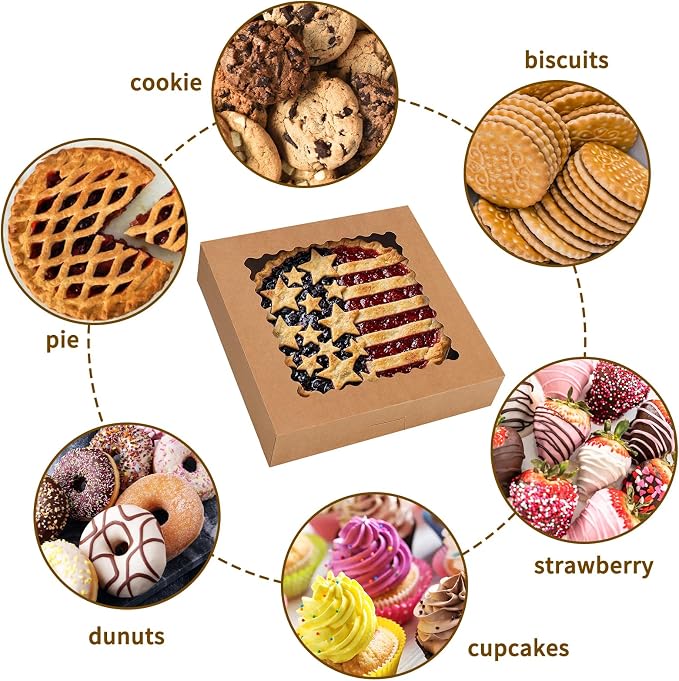 Moretoes 5pcs Pie Boxes, 10x10x2.5 Bakery Boxes with Window, Auto-Popup Brown Bakery Boxes for Pies, for Dessert, Donuts, Muffins