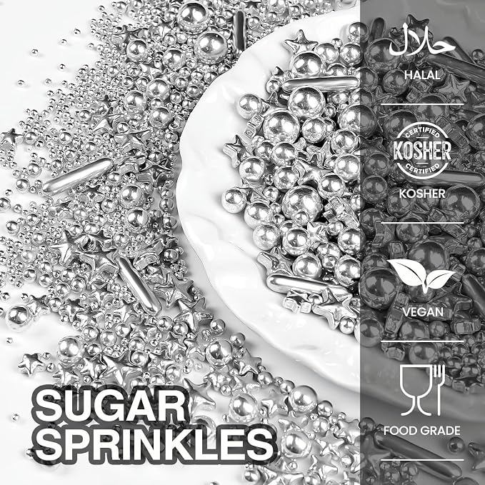 Silver Pearl Star Rods Sprinkles Edible, 150g/5.29oz, Edible Silver Pearls Sprinkles for Cake Decorating, Cupcakes Cookies Toppers, Baking Decorations, Party, Birthday Supplies