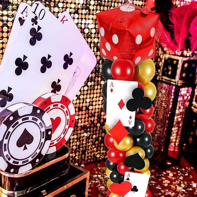 2 Sets Casino Theme Balloon Column Stand Kits Red Black Gold Balloons Column Kit with Dice Poker Tower Stand Kit 2 Sets Balloons Tower Sets for Las Vegas Game Night Themed Party Supplies