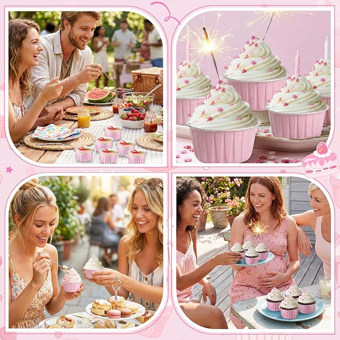 Gejoy 400 Pcs Aluminum Foil Baking Cups with Lids 5 oz Disposable Ramekins Mini Cake Pans Creme Brulee Cupcake Liners Muffin Dessert Container for Wedding Birthday Party (Elegant,Pink Color)