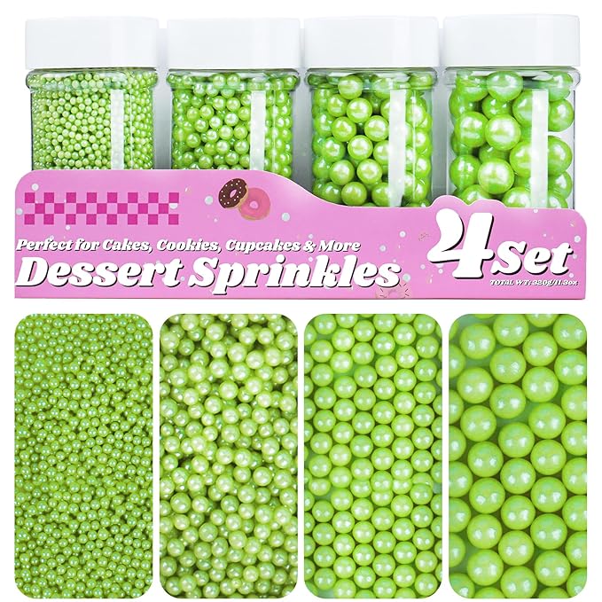 Green Sprinkles for Cake Decorating, 11.3oz/320g Edible Pearls Sugar 4 Jars Set for Baking Cupcakes Cookies Dessert