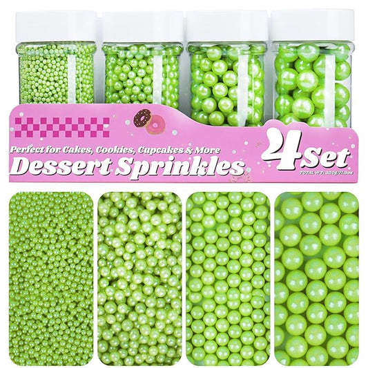 Green Sprinkles for Cake Decorating, 11.3oz/320g Edible Pearls Sugar 4 Jars Set for Baking Cupcakes Cookies Dessert