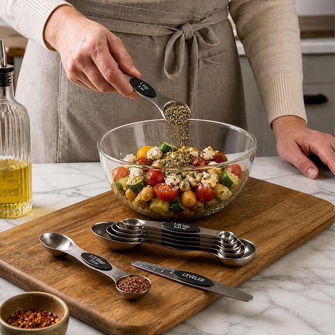 Restaurantware Met Lux 8-piece Measuring Spoon Set 1 Premium Magnetic Measuring Spoon Set - Dual-Sided With Leveler Black Stainless steel Spoon Set With U.S. And Metric Units Dishwashable