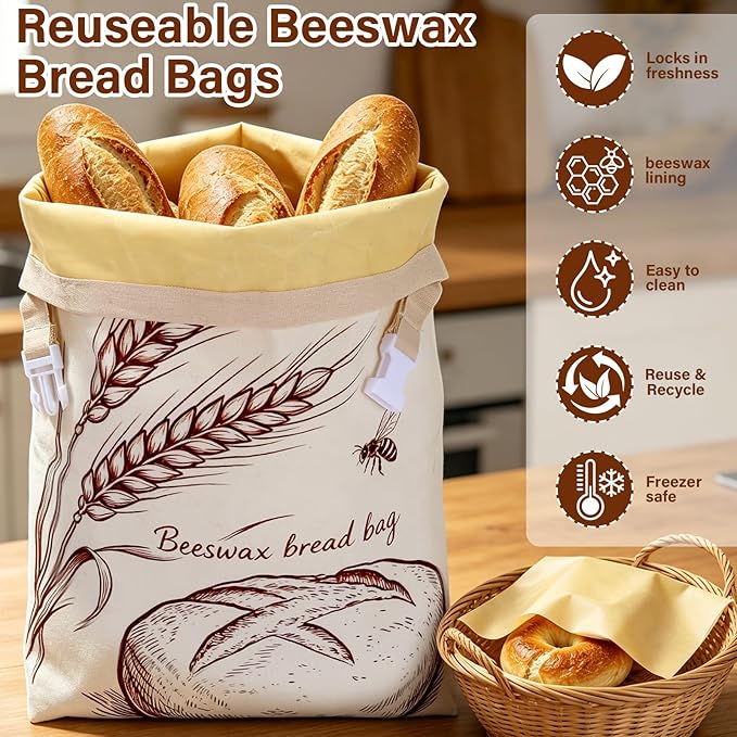 2-Pack Beeswax Bread Bags & 3 Wraps for Sourdough & Homemade – Fold Buckle | Natural cotton, 17x13 in bag with roll & buckle. Includes 3 wraps S/M/L. Reusable, freezer safe, washable, keeps bread fresh.