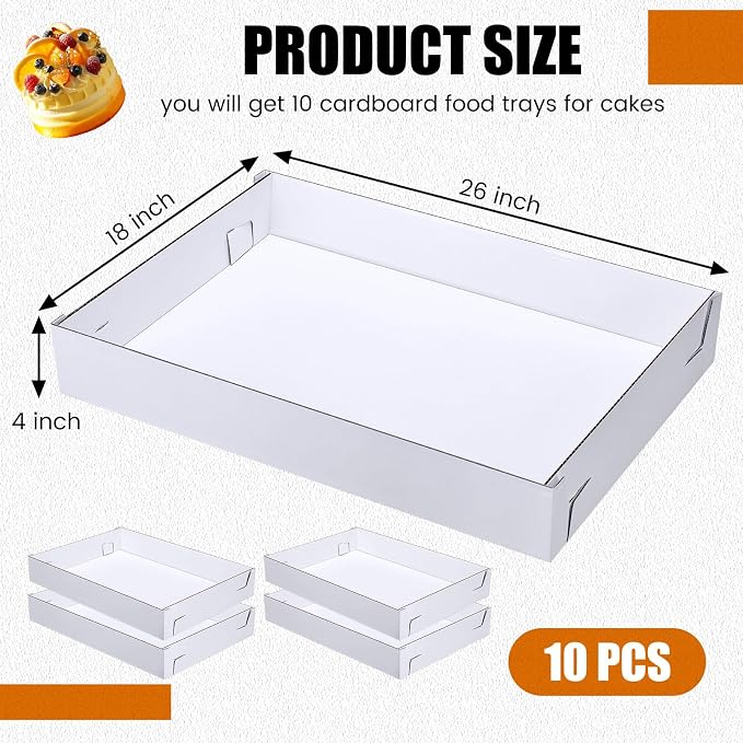 Reallnaive 10 Pack Full Sheet Cake Boxes 26 x 18 x 4 Inch Non Window Sheet Cake Box Bottom White Corrugated Greaseproof Bakery Tray Food Container Holder for Kitchen Cupcake Dessert, Excluding lid