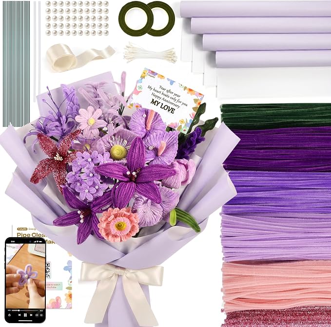 Caydo 700PCS Pipe Cleaner Flower Kit, Purple Craft Chenille Stems Bulk with Floral Wires, Ribbons, Tapes, Stamens, Glue Sticks for Making Pipe Cleaner Bouquets