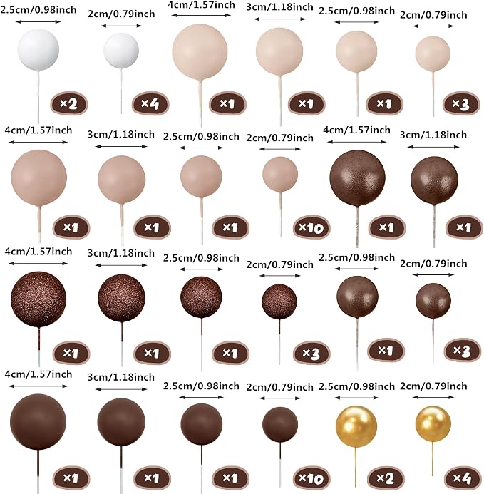 56 PCS Ball Cake Picks Colorful Ball Shaped Cake Topper Pearl Balls Cupcake Cake Insert Topper for Birthday Party Wedding Decoration Supplies Brown Series Seven Colors