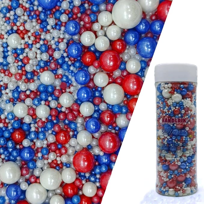 Patriotic Edible Red & Blue & White Sugar Pearls Sprinkles Candy Mix Size Pearls Cake Decorations Cupcake Toppers Decorating Perfect for Wedding Party Valentine Christmas Supplies 4.58OZ