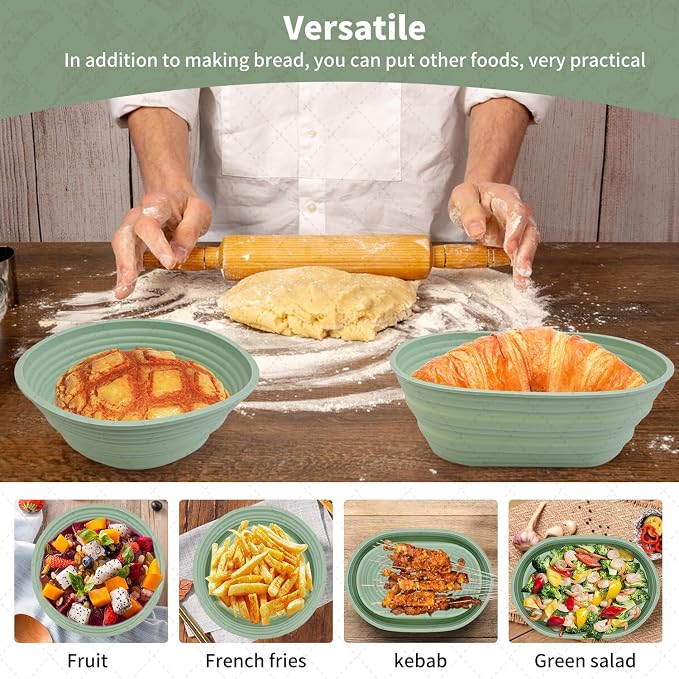 2Pcs Silicone Banneton Bread Proofing Baskets, 10" Oval & 9" Round Foldable Non-Stick Dough Proofing Bowl Containers-BPA Free, Optimum Sourdough Bread Baking Supplies (Green)