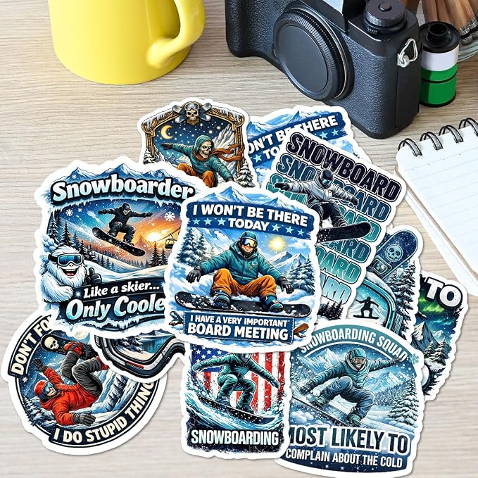 10pcs Snowboarding Stickers Gifts for Snowboarders Ski Lovers Multiple Different Design, Waterproof UV-Resistant for Water Bottle, Laptop, Window, Car