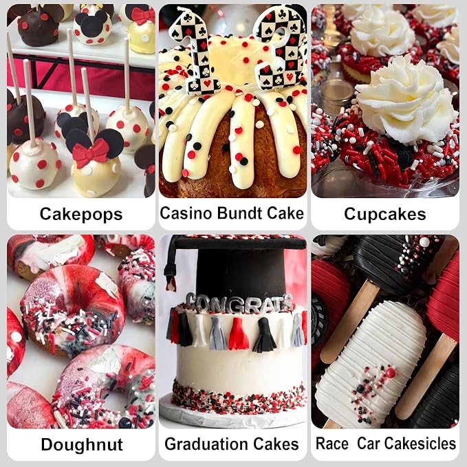 HUEBEATY Red White and Black Sprinkles for Cake Decorating and Baking, 180g | Graduation Sprinkles, Birthday Party Sprinkles for Baseball, Race Car, Casino, Hero Cakes Decoration, Cupcakes & Cookies