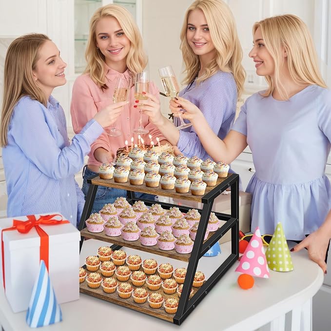 Cupcake Stand, 3 Tier Large Cupcake Stand for 50 Cupcakes Rustic Cupcake Display Stand Square Wood Dessert Table Display Set Cupcake Tower Tiered Tray Stand for Wedding Birthday Graduation Baby Shower