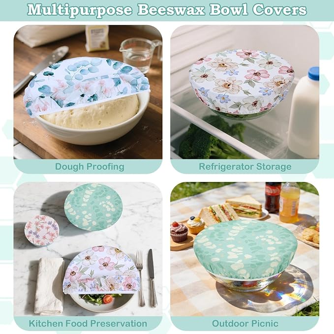 5-Size Reusable Beeswax Elastic Bowl Covers for Bread Proofing, Cotton Cloth Flexible Beeswax Wraps for Sourdough Cover and Food Storage Shower Caps for Sourdough Bread Supplies Tools