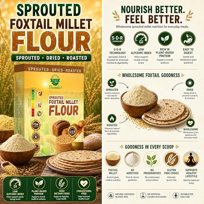 Danodia Foods Organic Foxtail Millet Flour 950g/2 lb | Gluten Free, Sprouted, Roasted & Ground Millet Flour | For Flatbread, Cookies, Pancakes, Baking & Indian Cooking | Low GI