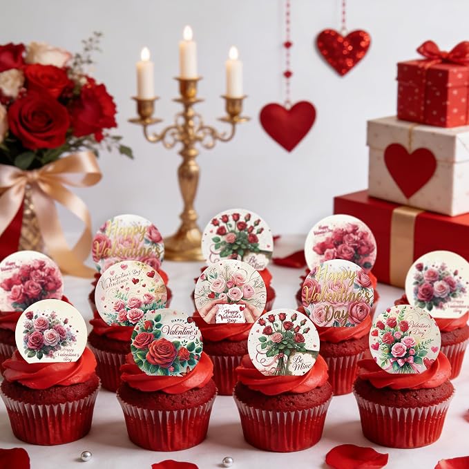 36PCS Edible Happy Valentine’s Day Cupcake Toppers Wafer Paper Roses Be Mine Kiss Me Cupcake Picks Valentine’s Cake Decor for Valentine's Day Theme Wedding Party Supplies