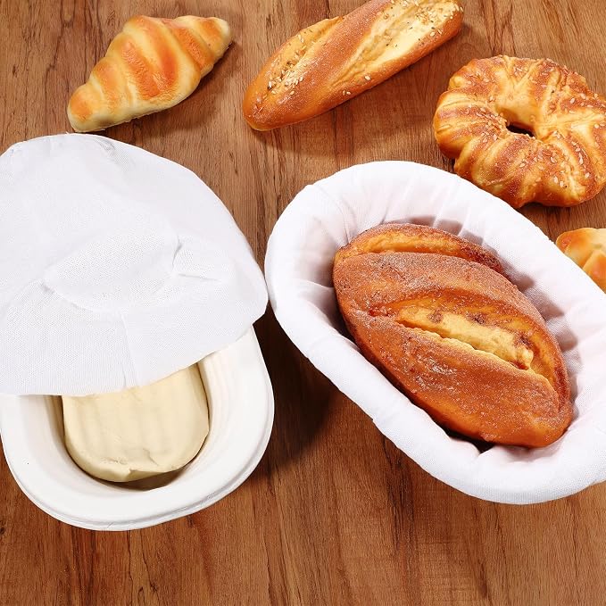 Baderke 4 Pack Banneton Bread Proofing Basket Set 10 Inch Wood Pulp Sourdough Proofing Basket Non Stick Sourdough Banneton Bowl and Liners for Bread Baking Supplies(White,Oval)