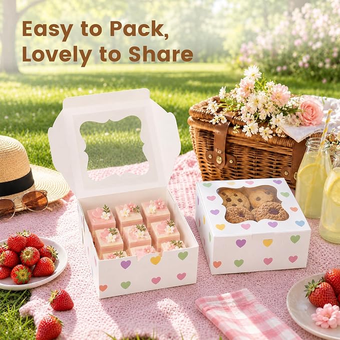 OAMCEG 50 Pack Cookie Boxes with Window, 6x6x3 Inch White Bakery Boxes for Desserts, Donuts,Cookies, Heart-shape Take-out Treat Boxes for Party & Wedding, Gifts