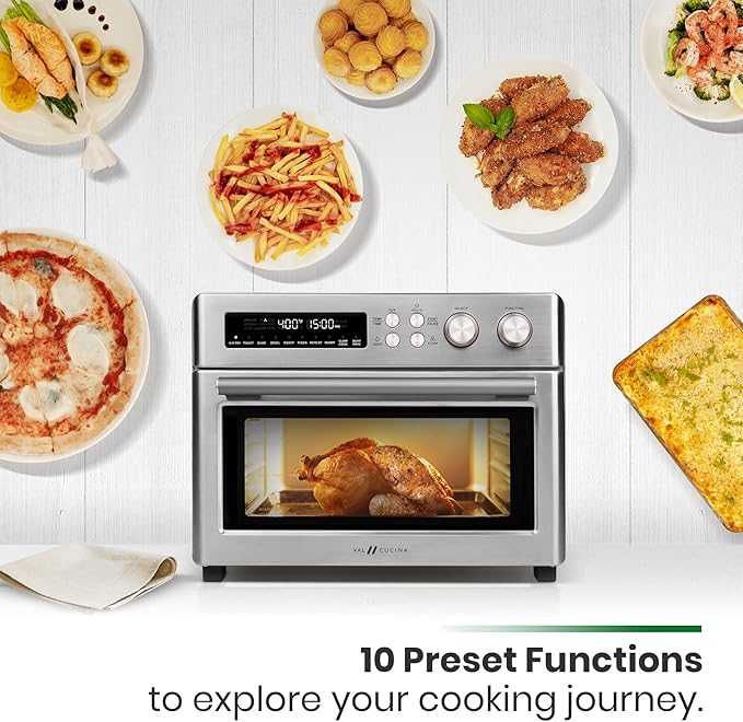 VAL CUCINA Infrared Heating 26.3 QT Air Fryer Toaster Oven, Large Countertop Convection Oven 10-in-1 Combo, 6-Slice Toast, Enamel Baking Pan Easy Clean with Recipe Book, Brushed Stainless Steel Finish